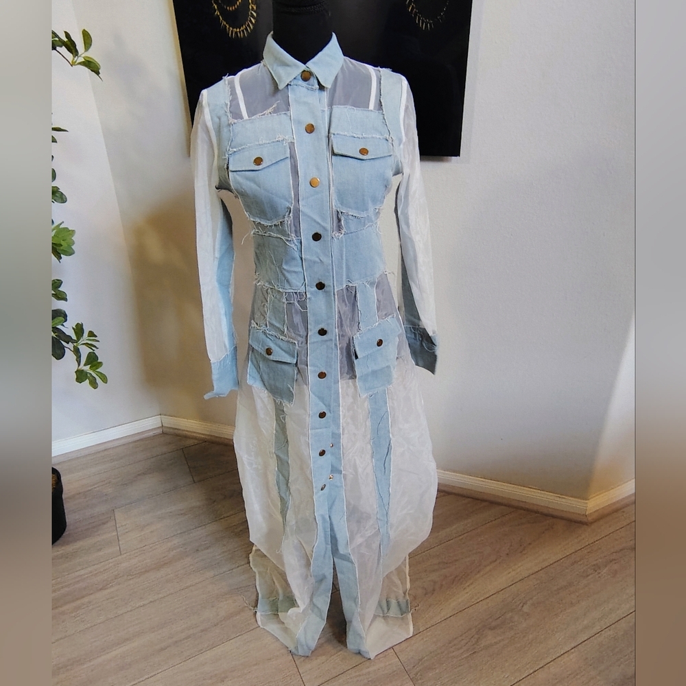 Banjul Stylish Denim Patchwork Long Sheer Dress Size Small NWNT